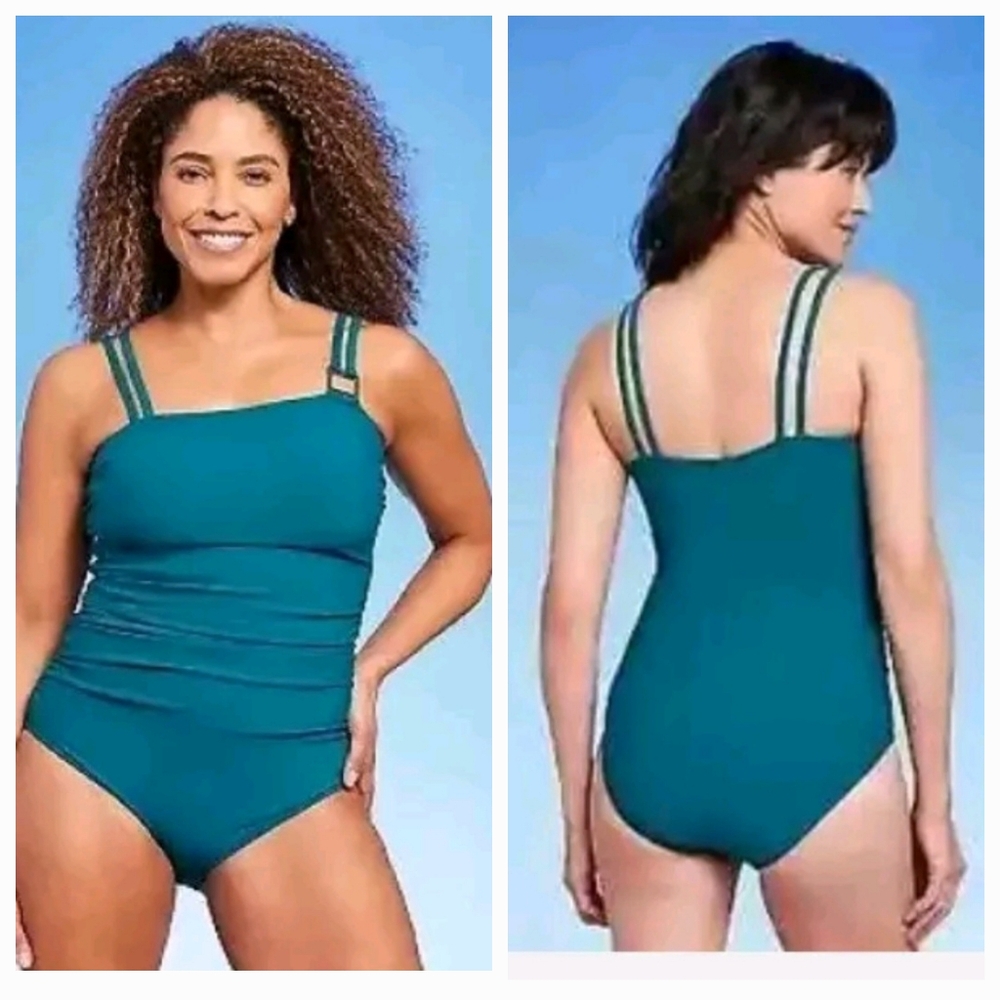 Women's Size XL UPF 50 Double Strap Asymmetrical One-Piece Swimsuit - Aqua.